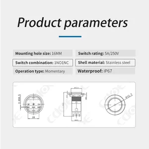 Ip67 16mm Flat Head 250v 1no1nc Push Button Switch Reset thumbnail-3