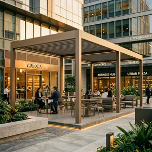 Modern Commercial Aluminum Pergola With LED Lighting, Outdoor Shade Structure for Urban Plaza, Cafe & Business Hub thumbnail-1