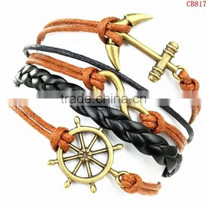 CB8173 Wholesale Jewelry Antique Anchor Wax Rope Braided Wrap Jewelry Leather Bracelet thumbnail-1