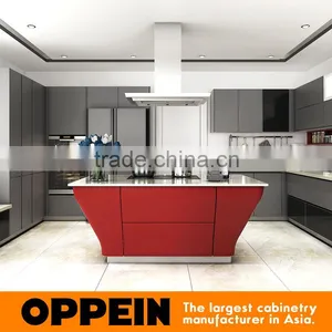 Red & Grey Tempered Glass Lacquer MDF Wooden Kitchen Cabinet With Island Design thumbnail-1