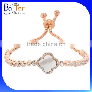 Turkish 925 Sterling Silver Four Leaf Clover Mother of Pearl Cz Tennis Bracelet thumbnail-2