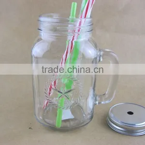 Glass Mason Jars , Drinking Jar , Glass Mason Jar With Handle and Metal Lid Straw thumbnail-1