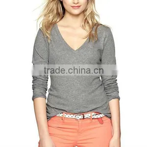 WOMENS PLAIN GREY LONG SLEEVE V NECK T SHIRT thumbnail-1
