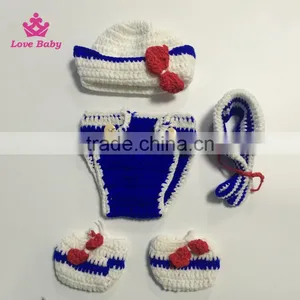 4pcs Set Photo Props Hat+shoes+diaper+tie Fashion Blue Crochet Cowboy Custome Photography thumbnail-1
