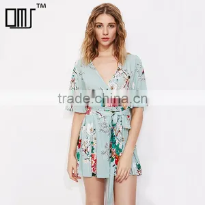 Rayon Floral Print Ladies Romper, Deep V-neck Sexy Half Sleeves Romper thumbnail-1