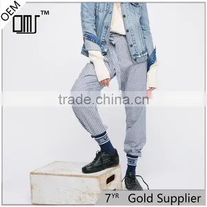 Ladies Navy Blue Jogger Pants Cotton-linen Wide Striped Trousers thumbnail-1