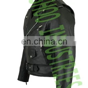 Classic BRANDO Black Blue Flame Men's Motorcycle Biker Hide Real Leather Jacket thumbnail-3