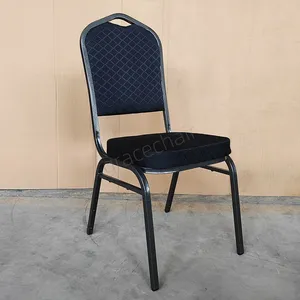 Metal Banquet Chair for Hotel Conference Event Padded Diamond‑Pattern Fabric Upholstered Stackable Dining Chair thumbnail-2