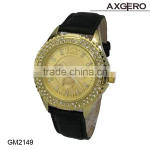 Custom Made Gold Plating Diamond Trim Fashion Alloy Lady Wrist Watch thumbnail-1
