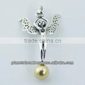 925 Silver Pendant Fairy Standing on Austrian Crystal Pearl thumbnail-1