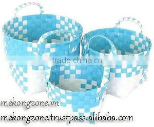 Multi-color Plastic Woven Straps Round Basket, Set of 3 thumbnail-1
