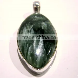Seraphinite Marquise Natural Gemstone Cabochon Pendant, 925 Solid Sterling Silver Pendant thumbnail-2