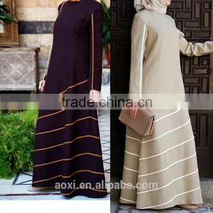 Fashion Vintage Plain Fabric Long Sleeve Bias Trim Muslim Women Long Dress thumbnail-1