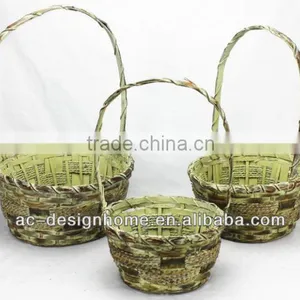 S/3 MUSTARD WASH ROUND BAMBOO CHIP/SEAGRASS BASKET W/HANDLE thumbnail-1