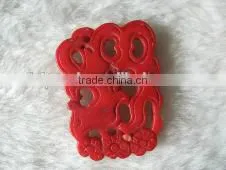 Wholesale 25-40mm Rectangular Red Flower Hadn Carved Natural Coral Pendant thumbnail-1