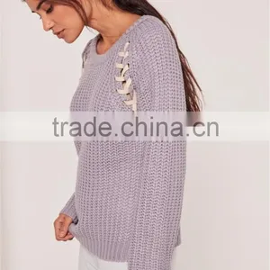 Custom Label Brand Women Plain Long Sleeve Knitwear Crewneck Lace Up Jumper Purple Pullover Oversized thumbnail-3
