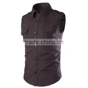 Two Chest Pockets Sleeveless Casual Cotton Men Shirts thumbnail-1