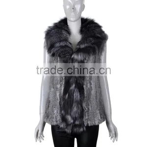 YR263 Genuine Rabbit Knit Fur Vest With Fox Collar Top Quality thumbnail-1