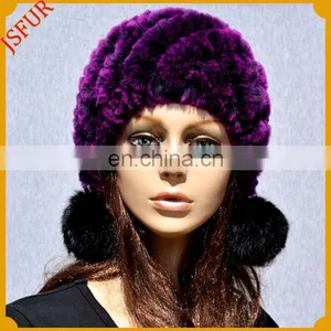 Genuine Rabbit Fur Hat With Bobble Pom Pom Fur Hat Women thumbnail-4