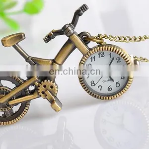 New Retro Mini Bronze Bike Bicycle Design Keychain Quartz Pocketed Fob Watch Pendant Necklace Fashion Sweater Key Chain Gifts thumbnail-4