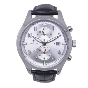 Stainless Steel Case Multi-function Watches Man Genuine Leather Dual Time Quartz Watch thumbnail-4