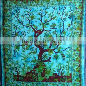 Turquoise Elephant And Big Tree Printed Tapestry Hippie Wall Hanging Mandala Tapestry Indian Cotton Bed Sheets thumbnail-6
