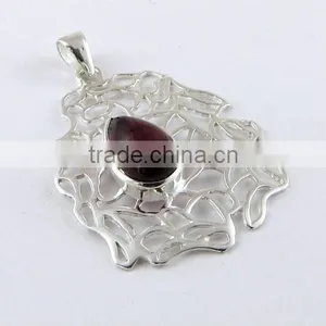 Gemstone Garnet Pendant, Gemstone Silver Jewellery, Online Silver Jewellery thumbnail-1
