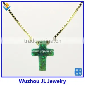 Synthetic Kiwi Green Opal Cross Pendant With 18K Plated 925 Sterling Silver Chain Necklace thumbnail-1