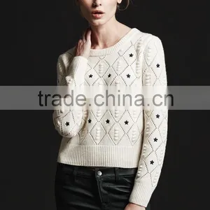 Cashmere Sweater Crew Neck Long Sleeve Pullover With Pointelle and Embroidery Details thumbnail-1