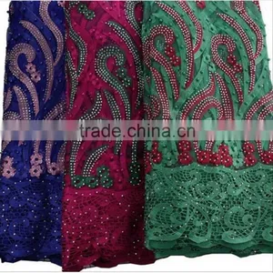 Beaded Pearls African Dress Fabric High Quality Lace Fabrics With Beads and Rhinestone thumbnail-1