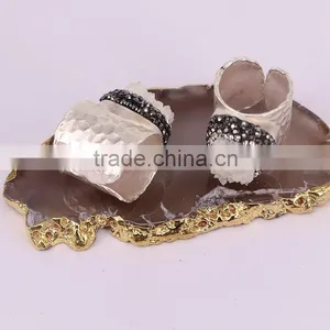 Natural White Quartz Stone Druzy Rings, Metal Copper Silver Plated Wide Band Crystal Zircon Paved Gem Stone Ring thumbnail-3