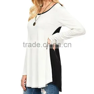 Women Fashion Long Sleeve Heather Gray Charcoal Color Block Hi-Low Tunic Tops Blouses Wholesale thumbnail-4