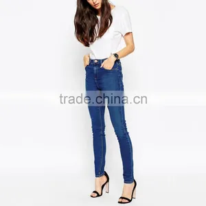 Dark Blue Skinny Plain Custom Your Own Brand High Waist Jeans Women thumbnail-1