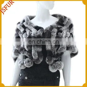Women's Fashion Luxurious Knitted Rabbit Fur Shawl With Fur Pom Poms Fur Cape thumbnail-1