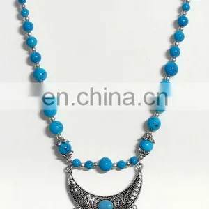 Ethnic Style Indian Jewelry Blue Resin & White Metal Pendant Necklace thumbnail-1