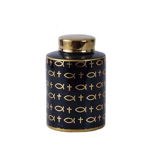 European Simple Style Straight Black Symbol Painting Hexagonal Cylinder Ceramic Vases With Golden Lid For Dining Room thumbnail-1