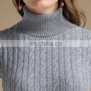 2024 Classic Cable Knit Women's Turtleneck Pullover Half Sleeves Cashmere Sweater Winter 100% Cashmere Solid Pattern Logo Back thumbnail-5