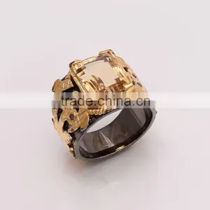 925 SOLID STERLING FINE SILVER VICTORIAN CITRINE RING BLACK & GOLD RHODIUM thumbnail-1
