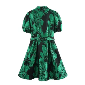 European and American Style Women's Jacquard Waist Cinched Single Breasted Bubble Sleeve Dress for Women thumbnail-2