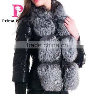 2015 Winter Fashion Leather Short Women Jacket With Silver Fox Collar Detachable Cuffs Overcoat thumbnail-5