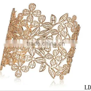 Gold Hollow Flower Women Wide Cuff Bracelet thumbnail-2