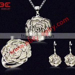 2013 Newest Hot Sale Gorgeous 925 Silver Jewelry Set,ornate Rose Design Wax Micro Pave Setting 925 Sterling Silver Jewellery Set thumbnail-1