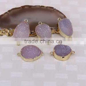Druzy Agate Connector Beads Gold Plated Edged Natural Color Druzy Geode Agate Connector Gem Stone Quartz Jewelry Charms thumbnail-1