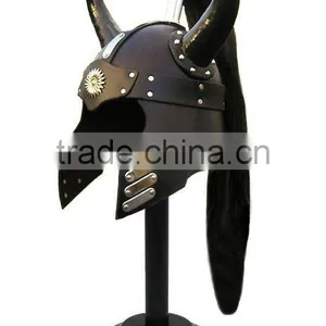 Medieval Leather Viking Horned Armor Helmet With Tail thumbnail-1