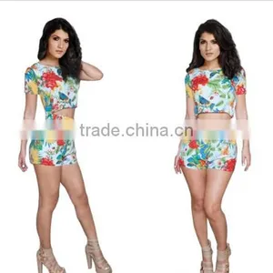 2014 Women Short Ladies Rompers Two Piece Set and Crop Top Evening Club Dress Casual Floral Printed Sexy Bodycon Jumpsuit thumbnail-1