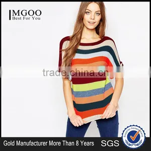 Cheap Price Rainbow Multi-color Colorful Sweater Slim Fit Casual Crew Neck Knit Top In Stripe Half Sleeves For Ladies thumbnail-1