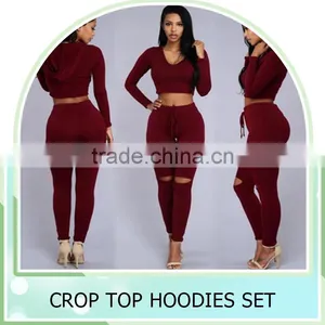 2016 New Women's Hole Crop Top Hoodie Set ,Christmas Sweater ,2Pcs Plain Tracksuit Woman Active Hoodies Sweatshirt Tracksuits thumbnail-1