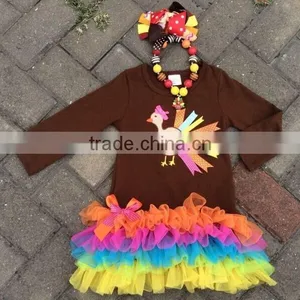 FREE DHL 2014 New Girls Thanks Giving Turkey Dress Pant Set With Matching Necklace,6inch Hair Bow Set thumbnail-1