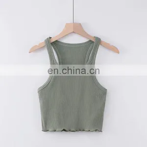 Wholesale Ladies Blank Rib Merrow Edge Sexy Women's Summer U Neck Basic Cotton Crop Top thumbnail-4