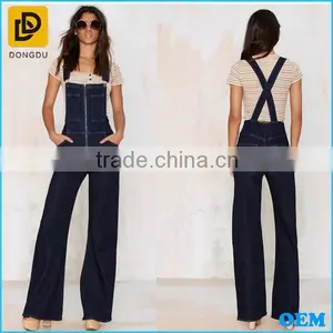 Dark Blue Zip Front, Adjustable Straps, Flared Legs, And Criss Cross Back Denim Overalls thumbnail-1